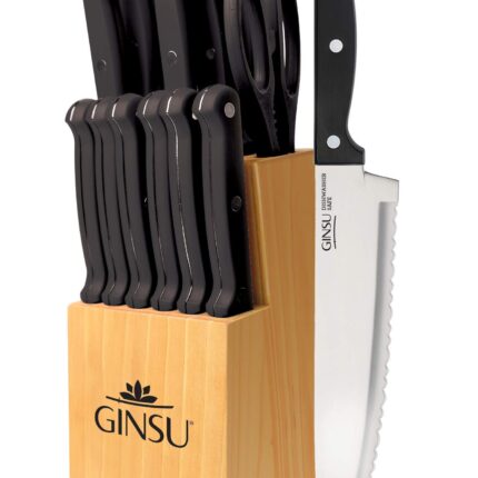 Ginsu Kiso 14-Piece Black Knife Set with Natural Block - Dishwasher Safe and Always Sharp